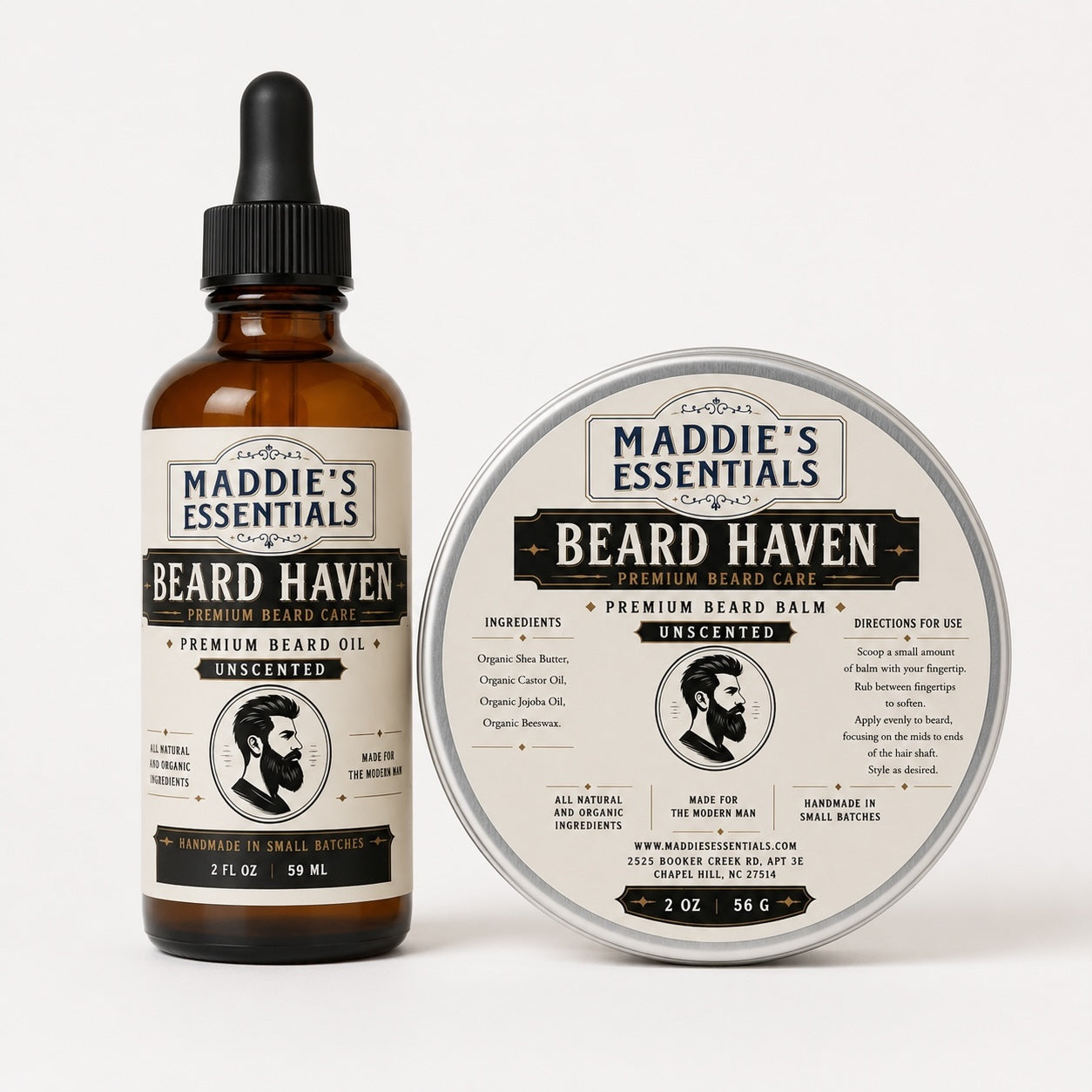 Maddie's Essentials Beard Haven unscented grooming kit featuring a glass beard oil dropper bottle and a metal balm tin.