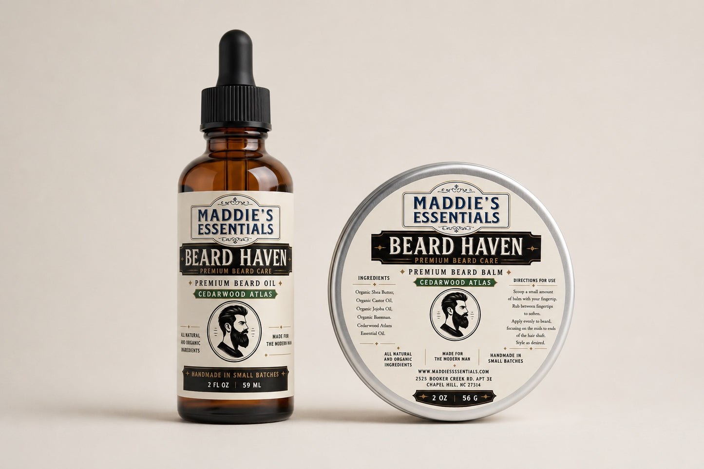 Maddie's Essentials Beard Haven grooming set with amber glass oil dropper bottle and metal balm tin, cedarwood scent.